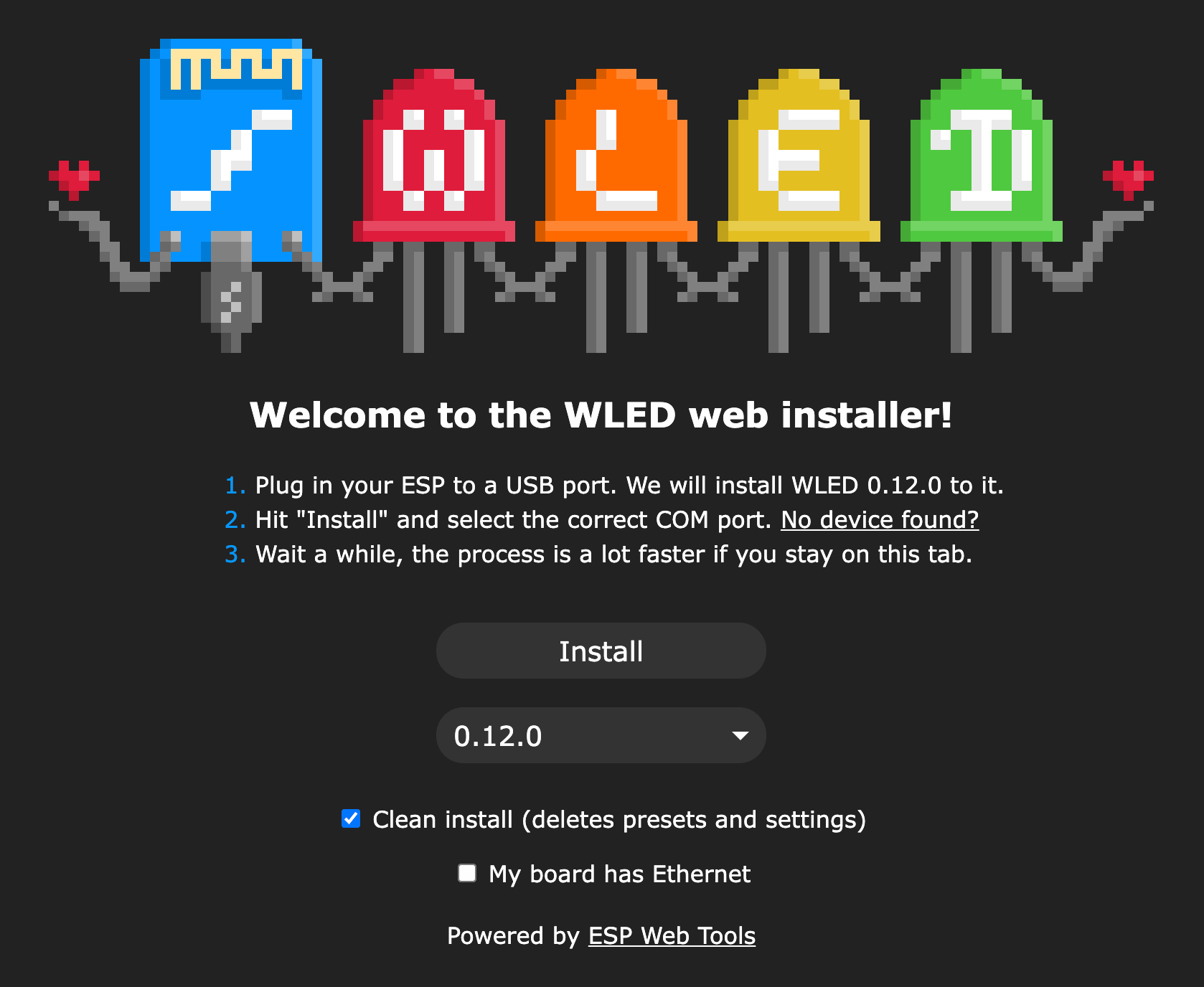 screenshot van WLED installatie pagina
