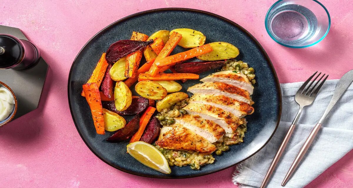 Kip piccata met ovengebakken krieltjes met biet en wortel