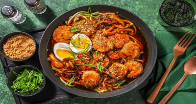 Pankogarnalen op luxe misoramen met champignons, bosui en gekookt ei